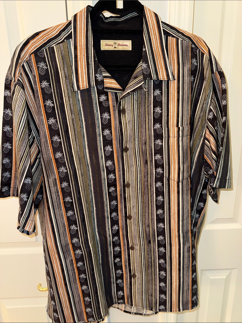 Tommy Bahama Black Striped Short-Sleeve Camp Shirt with Tan & Cream Accents